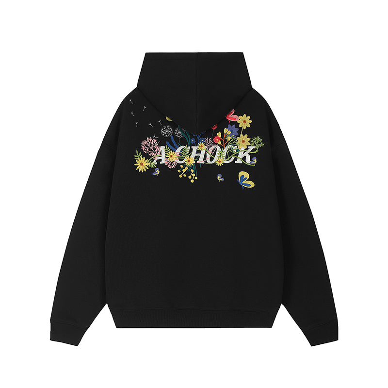 Achock Floral Embroidery Zipper Hoodie