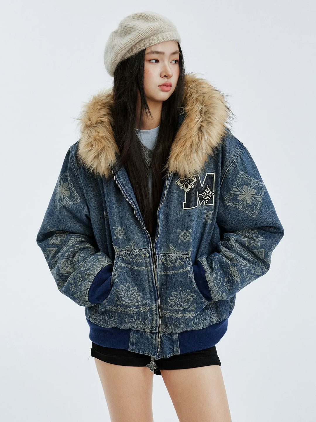 MEDM Ethnic Paisley Denim Hooded Jacket | Face 3 Face