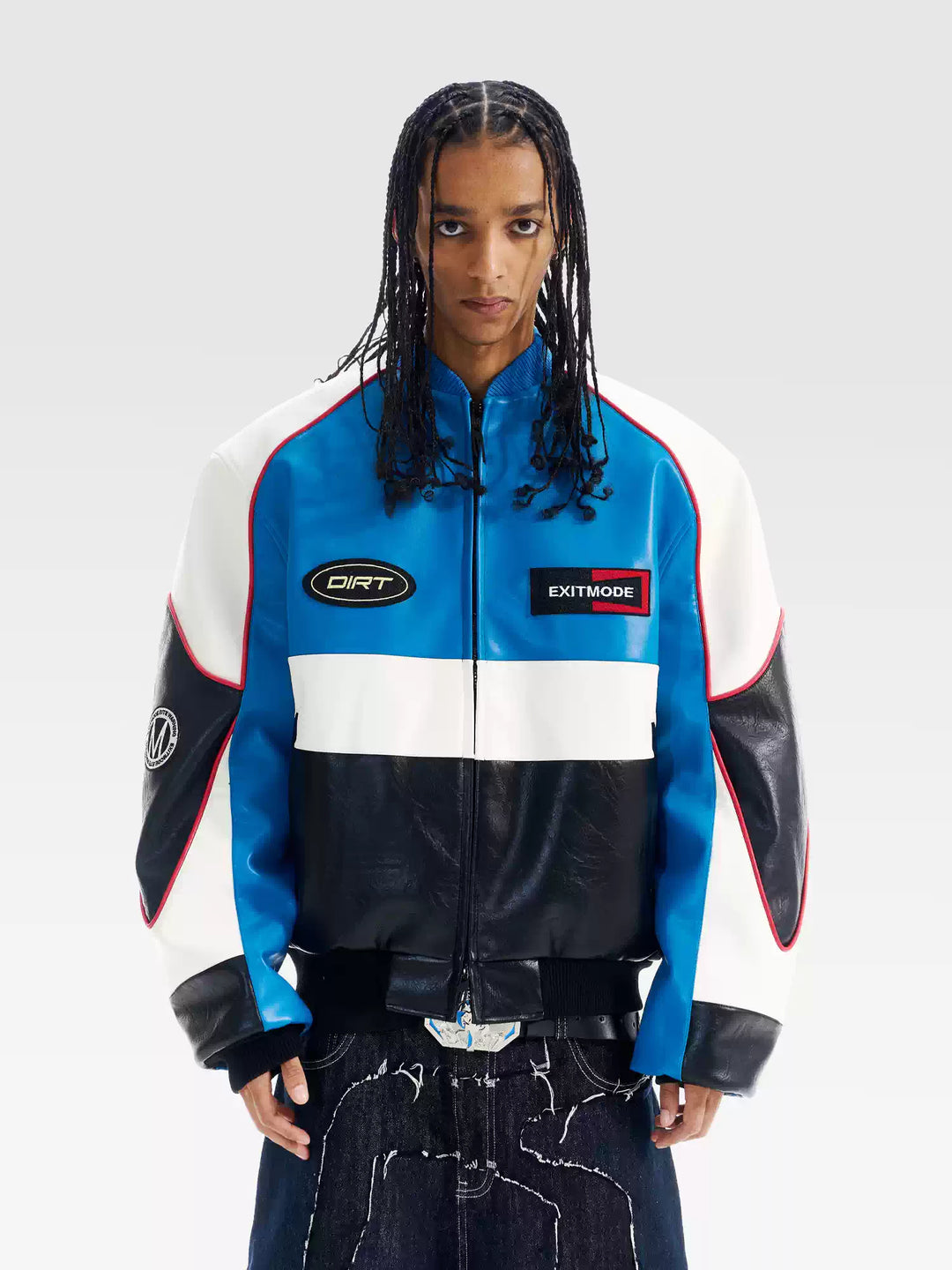 BLIND NO PLAN Color Block Embroidered Racing Leather Jacket | Face 3 Face