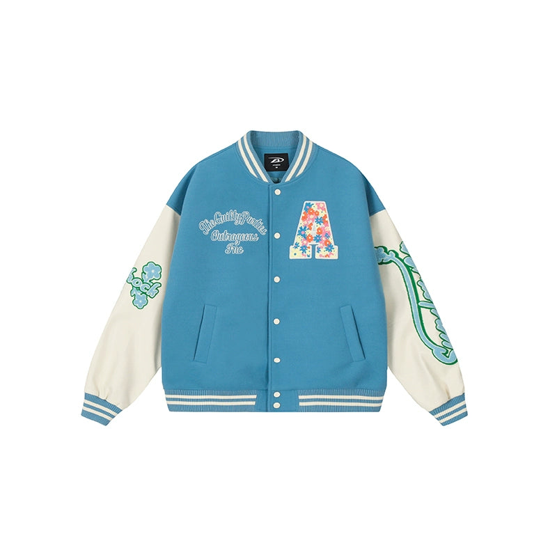 Racer varsity jacket | Achock Colorful Flower Logo Embroidery Varsity Jacket | Face 3 Face