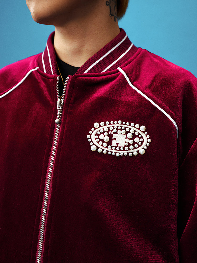 YADcrew Red Velvet Pearl-Embroidered Bomber Jacket | Face 3 Face