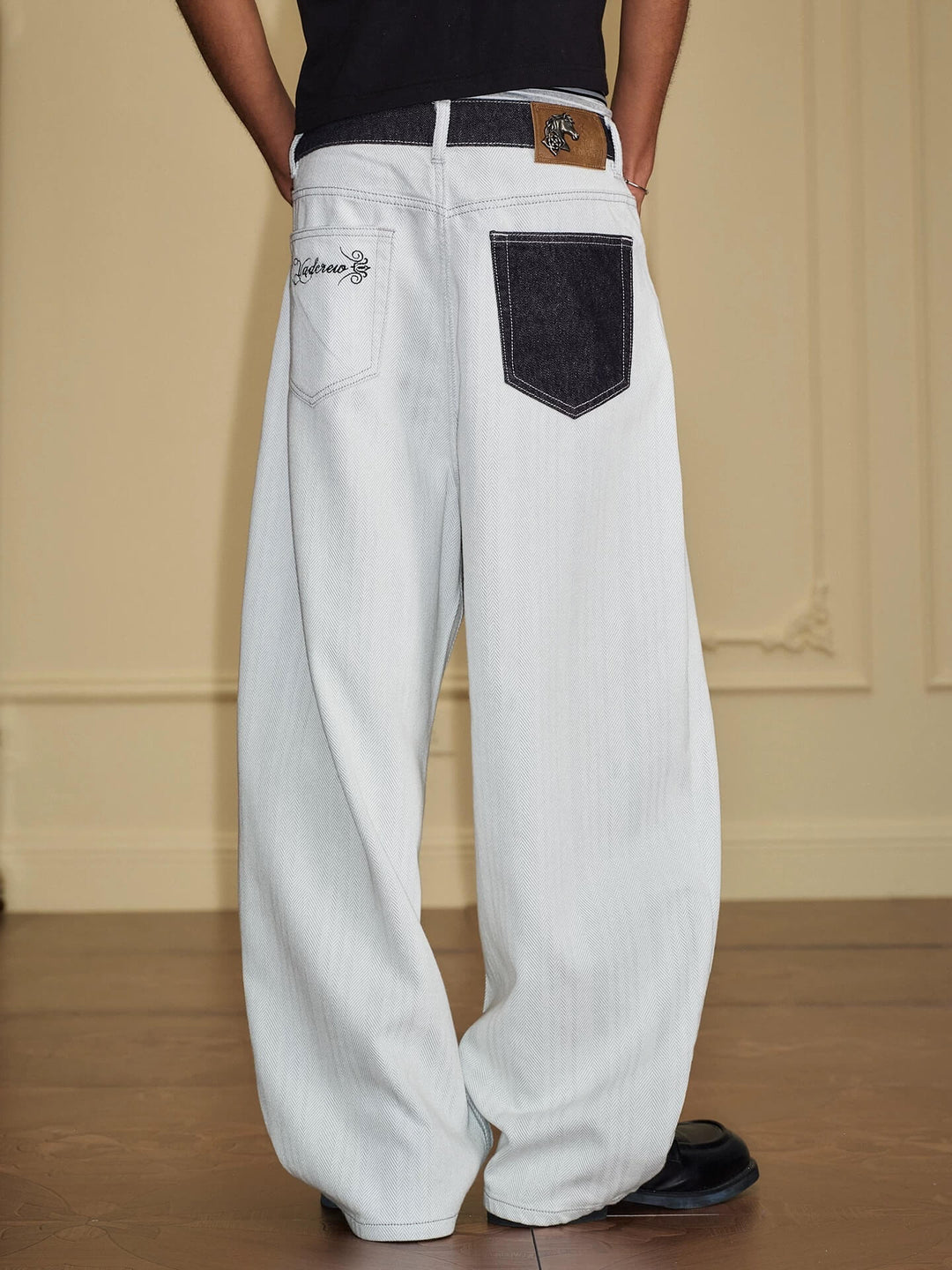 YADcrew Herringbone Waist Contrast Baggy Jeans | Face 3 Face