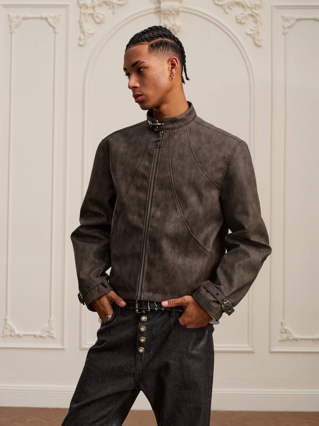 YADcrew Washed PU Leather Racing Jacket | Face 3 Face