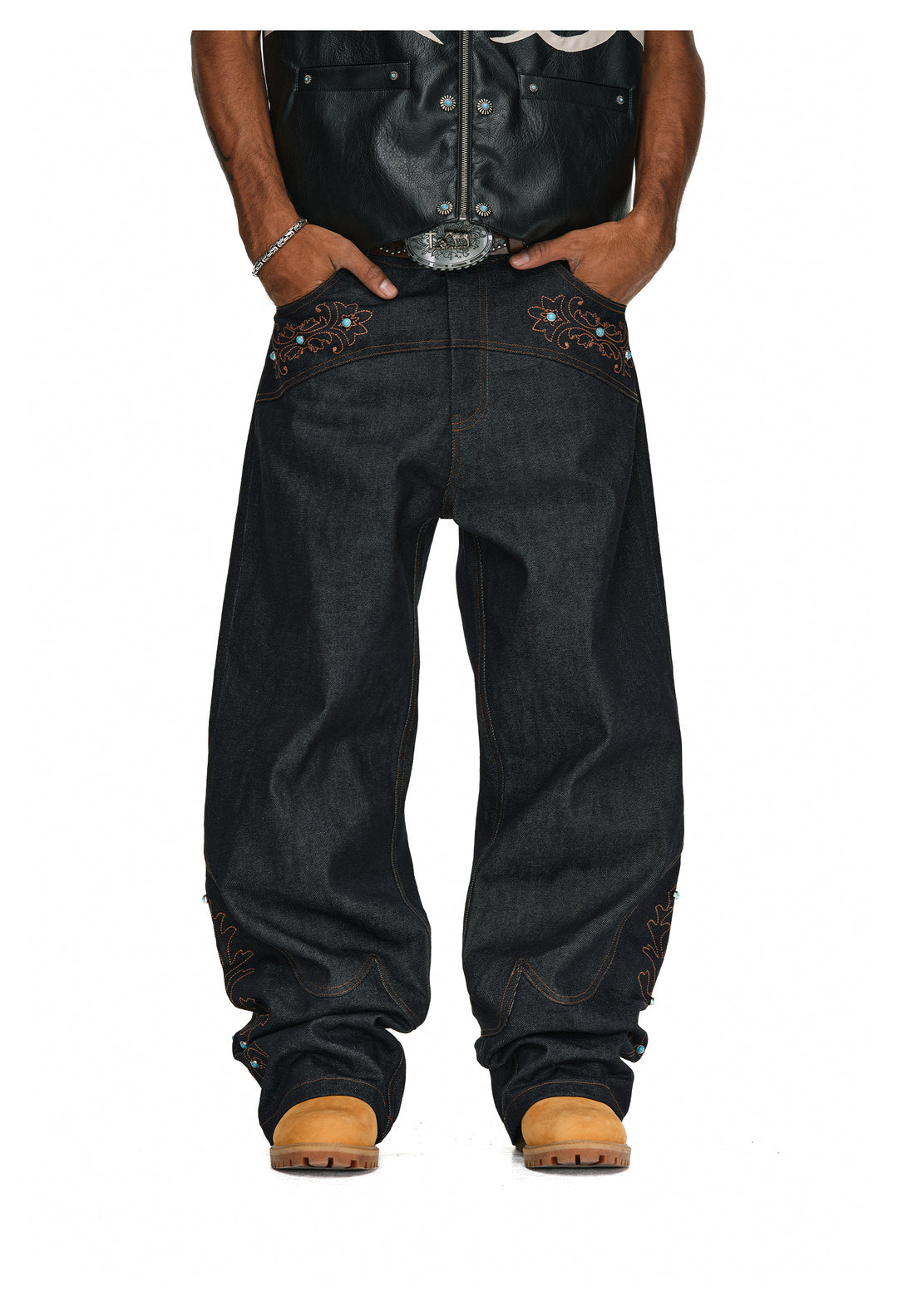 ANTIDOTE Turquoise Studded Embroidered Western Jeans | Face 3 Face