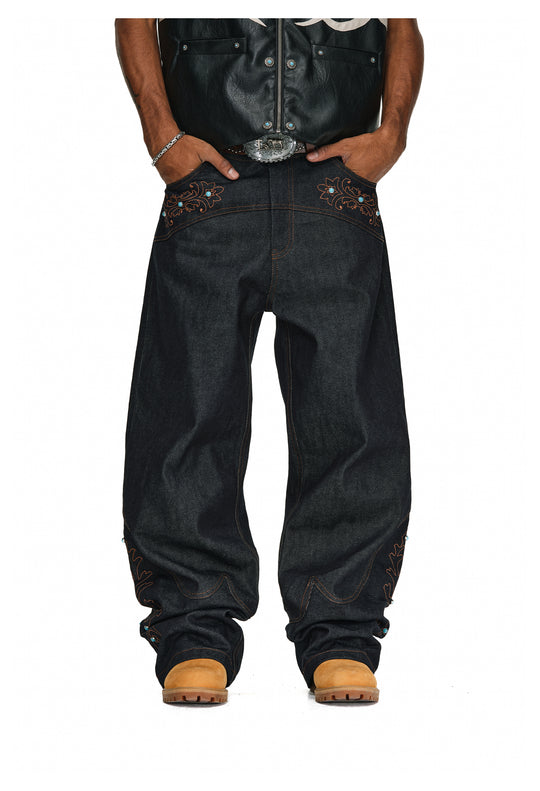 ANTIDOTE Turquoise Studded Embroidered Western Jeans | Face 3 Face