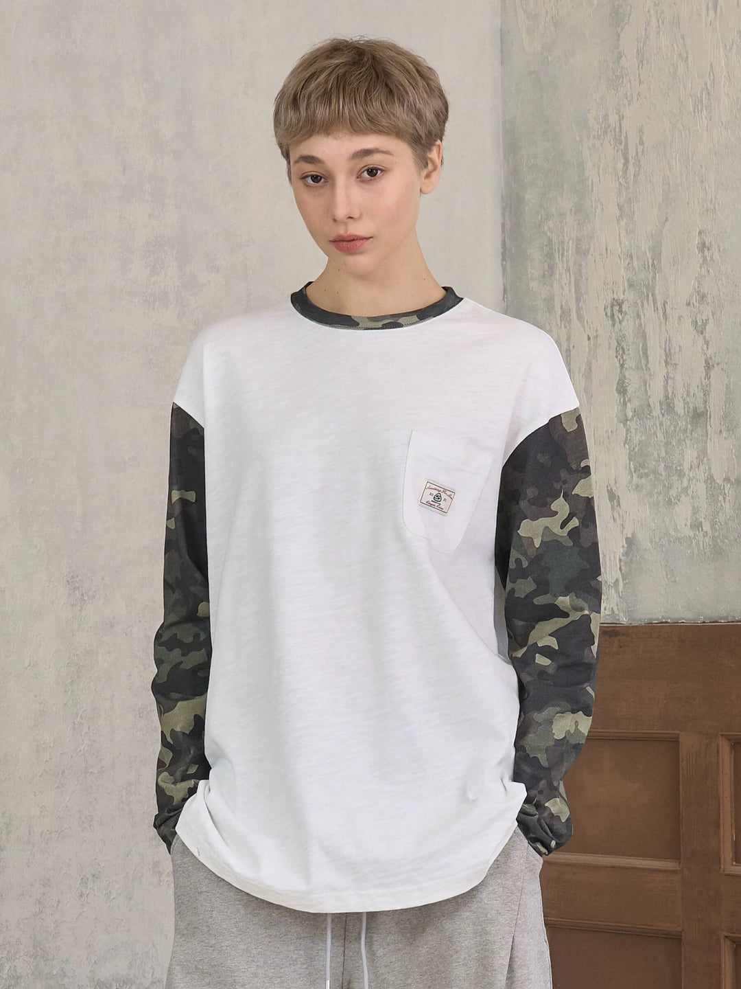 S45 Camouflage Sleeve Color Block Long Sleeve Tee