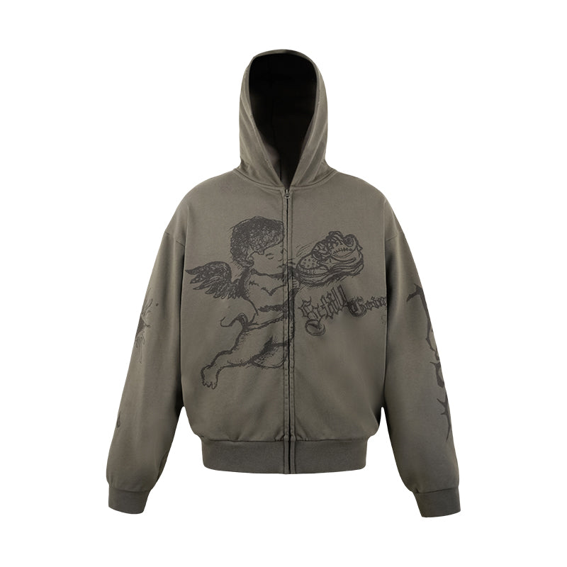 1807 Graffiti Angel Print Zip Up Hoodie | Face 3 Face