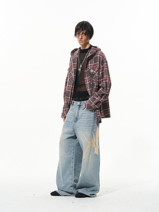 BLIND NO PLAN Metal Chain Hooded Plaid Long Sleeve Shirt | Face 3 Face