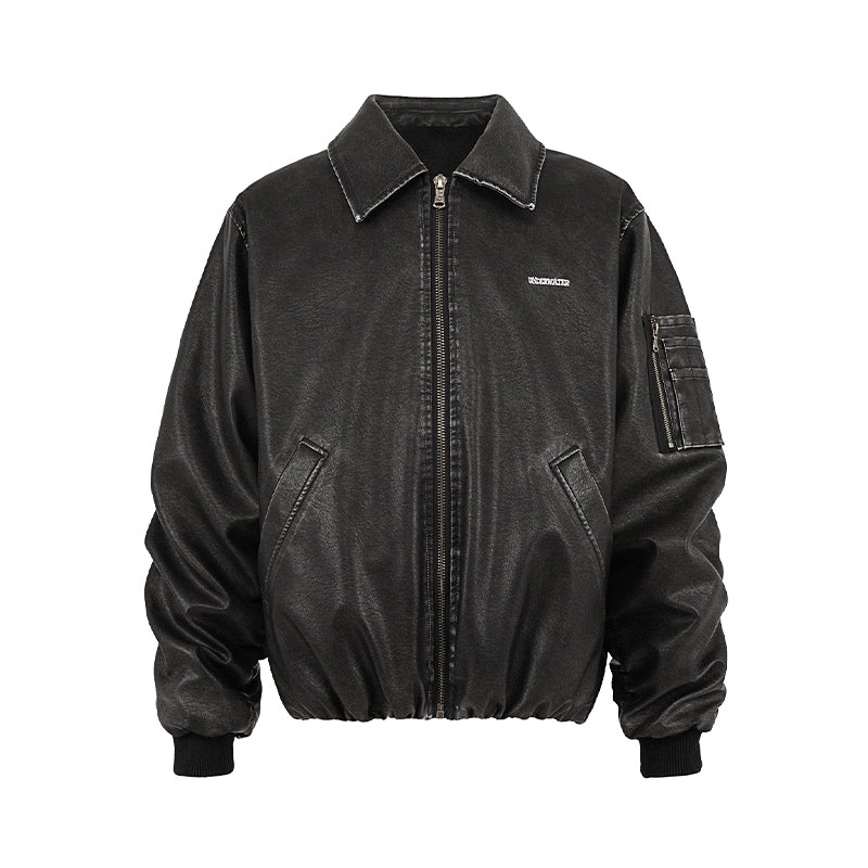 UNDERWATER Cross Embroidered Down Leather Bomber Jacket MA-1