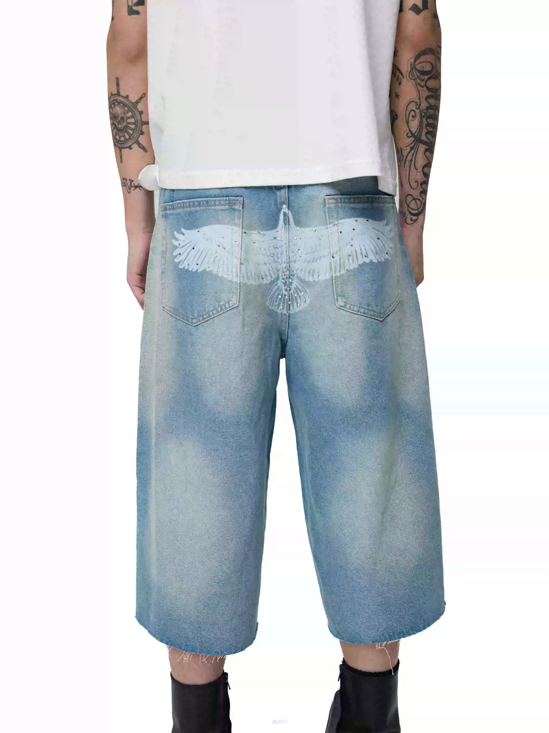 KARMANISTIC Eagle Print Washed Denim Jorts | Face 3 Face