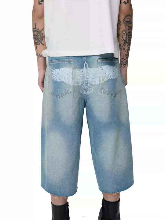 KARMANISTIC Eagle Print Washed Denim Jorts | Face 3 Face