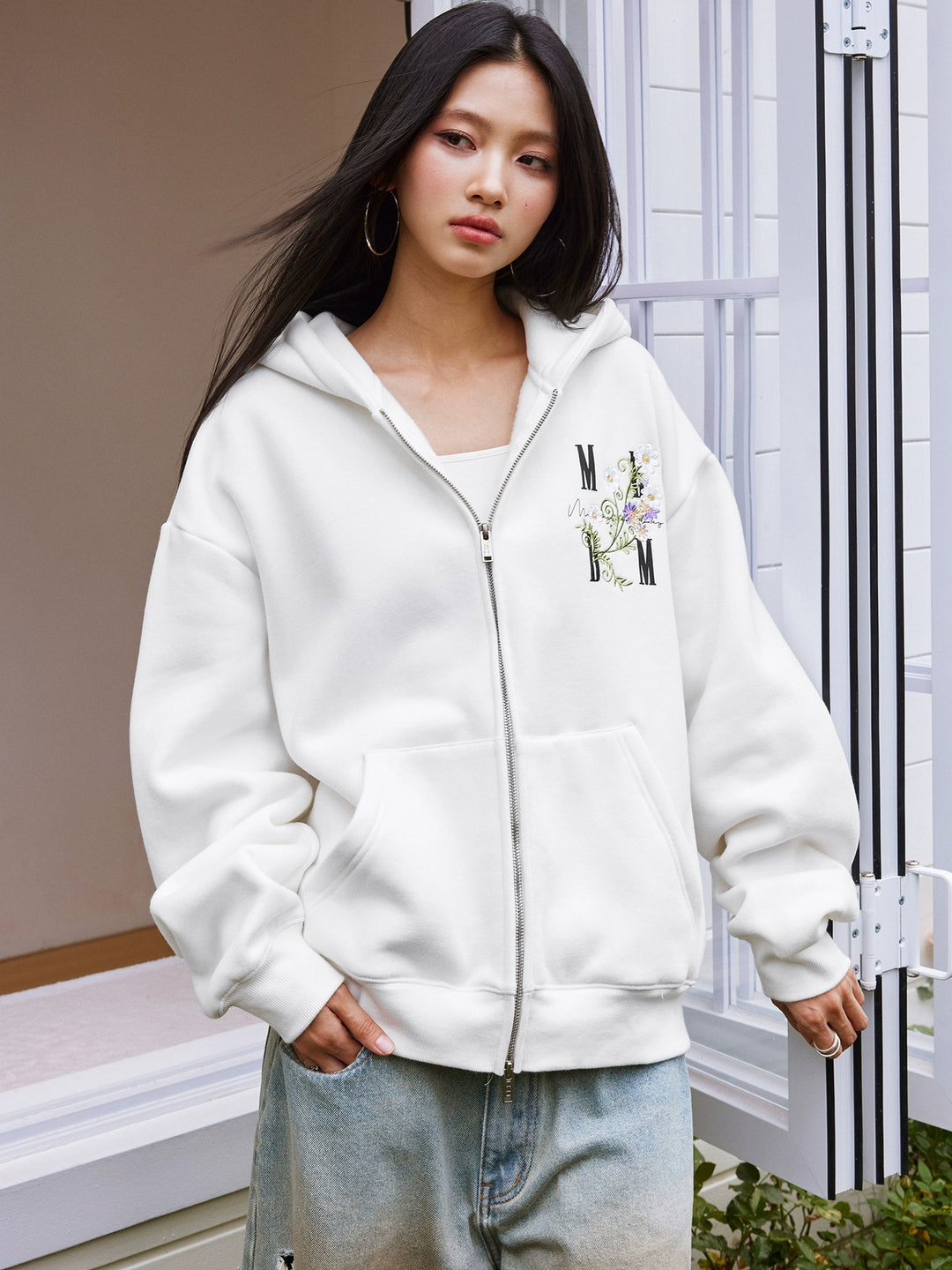 MEDM Floral Logo Embroidered Zip Up Hoodie | Face 3 Face
