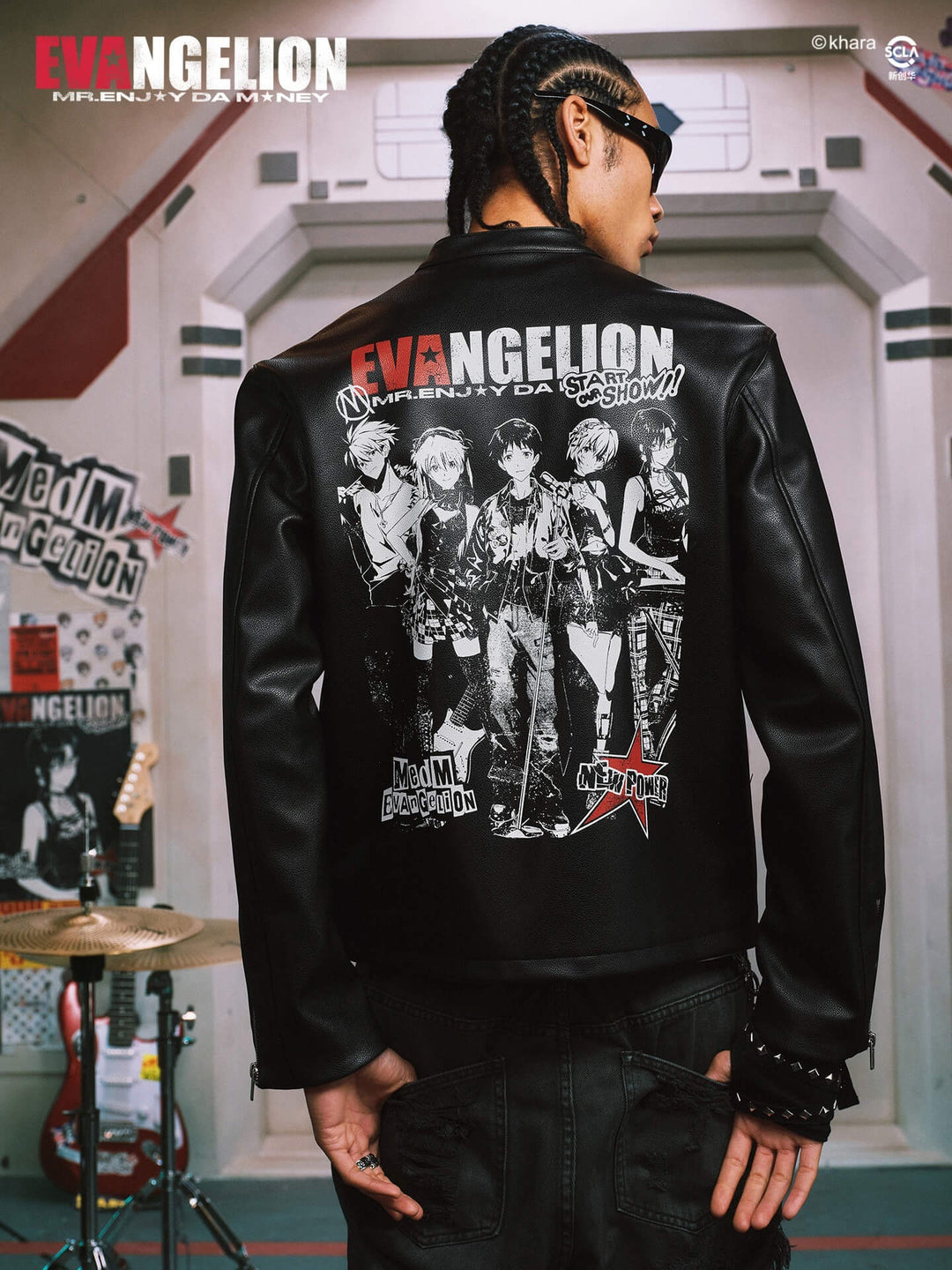 MEDM x EVA NEVER END Flame Character Portraits PU Leather Biker Jacket | Face 3 Face