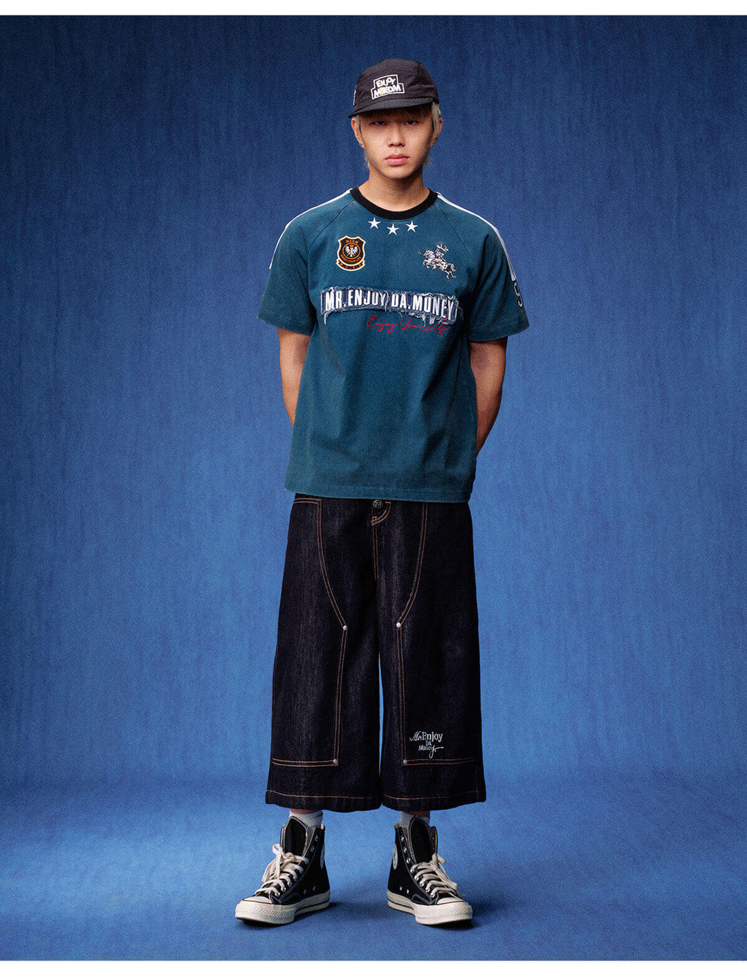 MEDM Distressed Denim Logo Patch Washed Short Sleeve Tee | Face 3 Face