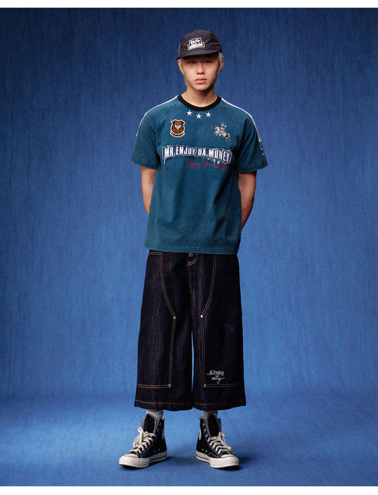 MEDM Distressed Denim Logo Patch Washed Short Sleeve Tee | Face 3 Face
