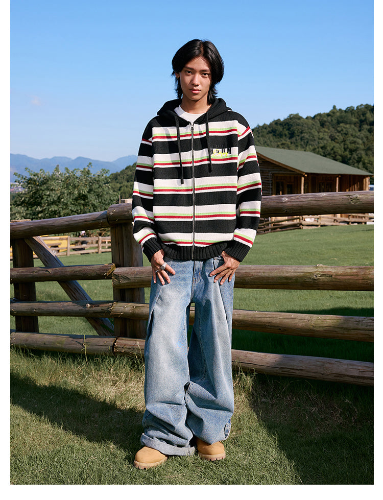 MEDM Colorful Stripes Zip-Up Knit Hoodie | Face 3 Face