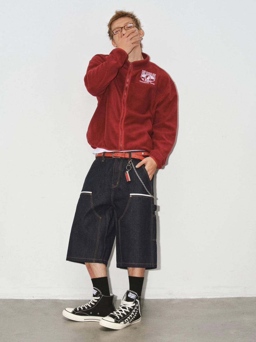 NOVACAM White Accent Line Double Knee Baggy Denim Shorts | Face 3 Face