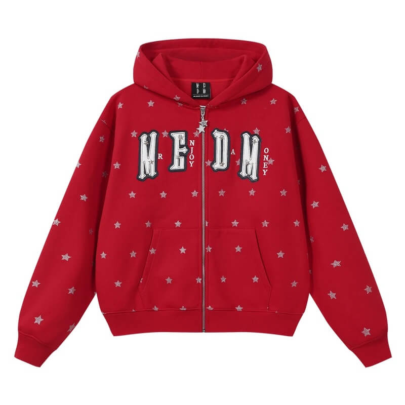 MEDM All Over Glitter Star Print Logo Patch Zip Up Hoodie | Face 3 Face