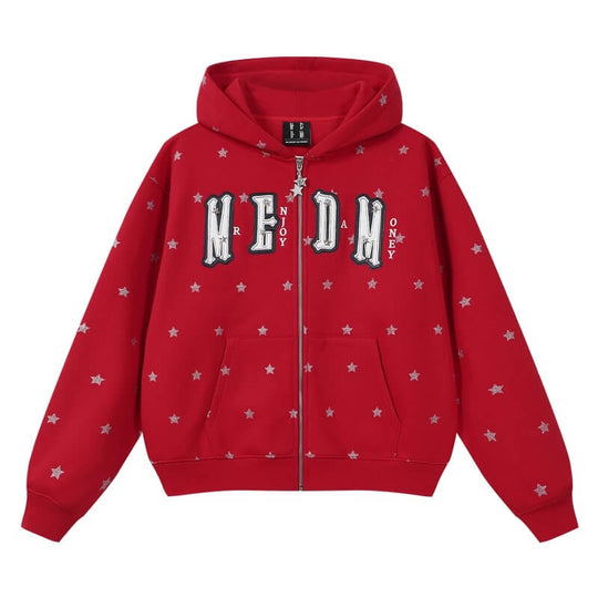 MEDM All Over Glitter Star Print Logo Patch Zip Up Hoodie | Face 3 Face