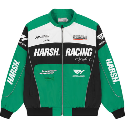 Harsh and Cruel Retro Motorcycle Racing Logo Jacket - This stylish jacket evokes the nostalgic atmosphere and powerful design of classic motorcycle racing. With high-quality materials and a bold logo print, it's a striking statement piece that seamlessly integrates into a street-style wardrobe. Versatile for spring and fall layering, this jacket captures the energy of the racetrack.