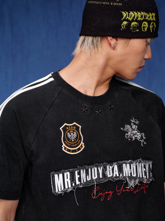 MEDM Distressed Denim Logo Patch Washed Short Sleeve Tee | Face 3 Face
