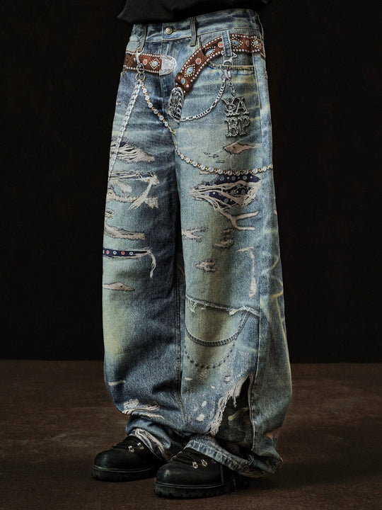 YADcrew x BIPOLAR 3D Belt Chain Digital Print Machete Jeans | Face 3 Face