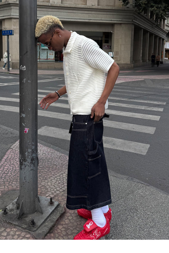 STEEPC Snap Button Double Knee Cropped Denim Baggy Shorts | Face 3 Face