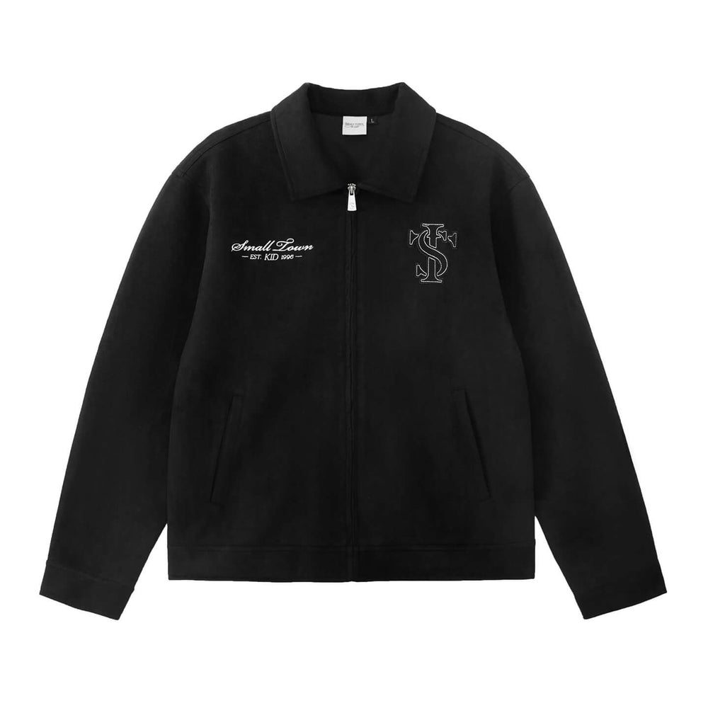 Small Town Kid Faux Suede Logo Patch Work Jacket