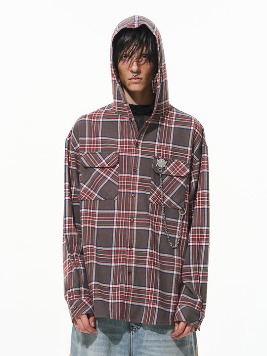 BLIND NO PLAN Metal Chain Hooded Plaid Long Sleeve Shirt | Face 3 Face