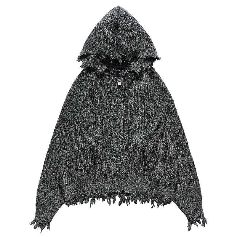 Remedy Distressed Hooded Zipper Knit Cardigan | Face 3 Face