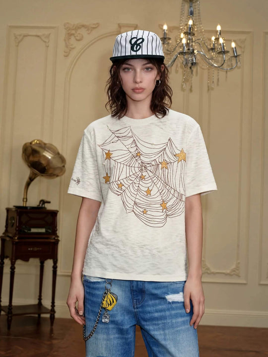 YADcrew Pearl Studded Star Spider Web Print Tee | Face 3 Face