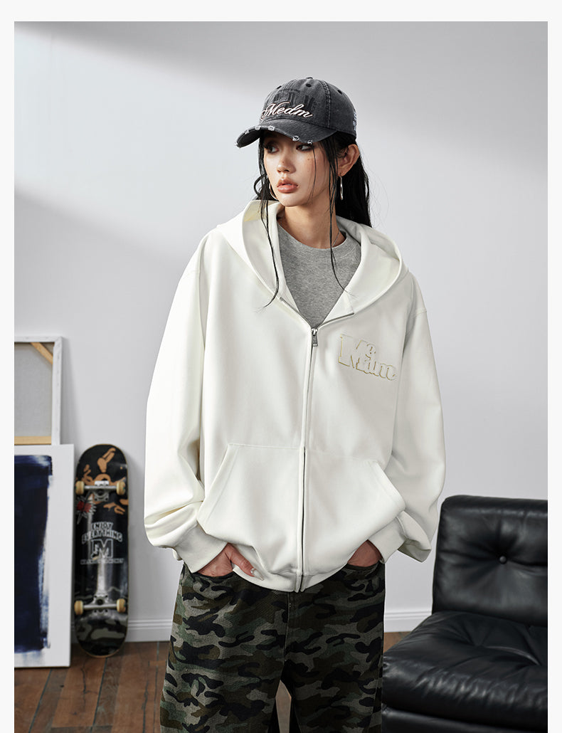 MEDM Suede Logo Patch Zip-Up Hoodie | Face 3 Face