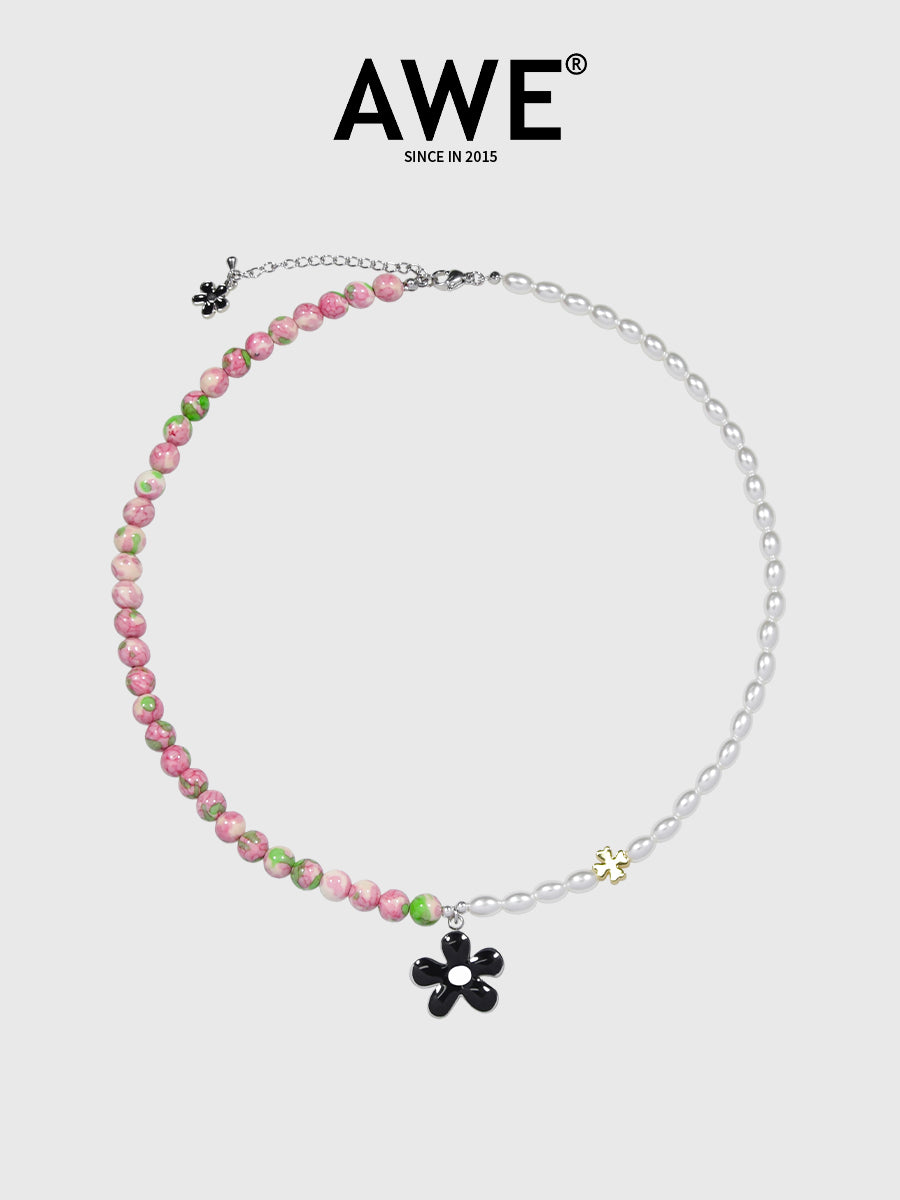 AWE Black Sunflower Pendant Stone Pearl Chain Necklace | Face 3 Face