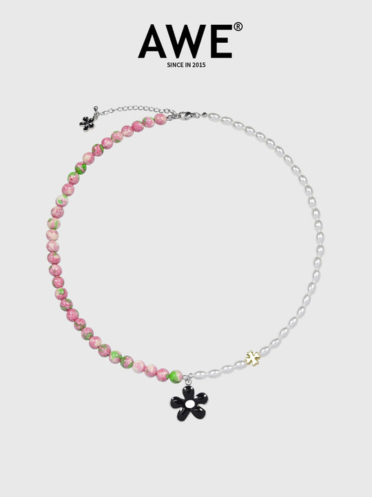 AWE Black Sunflower Pendant Stone Pearl Chain Necklace | Face 3 Face