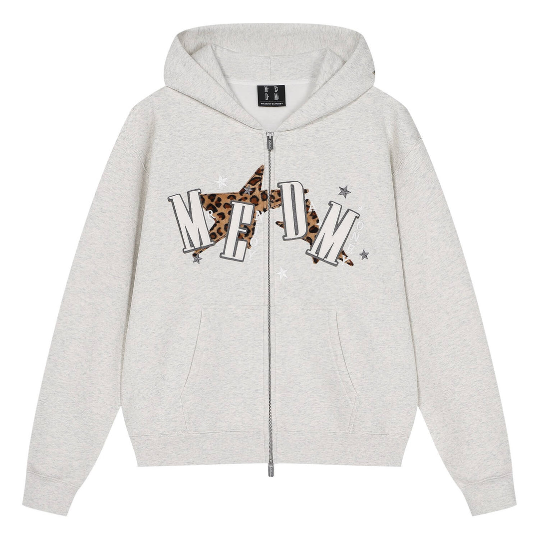 MEDM Leopard Print Star Patch Logo Embroidered Zip Up Hoodie | Face 3 Face
