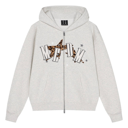 MEDM Leopard Print Star Patch Logo Embroidered Zip Up Hoodie | Face 3 Face