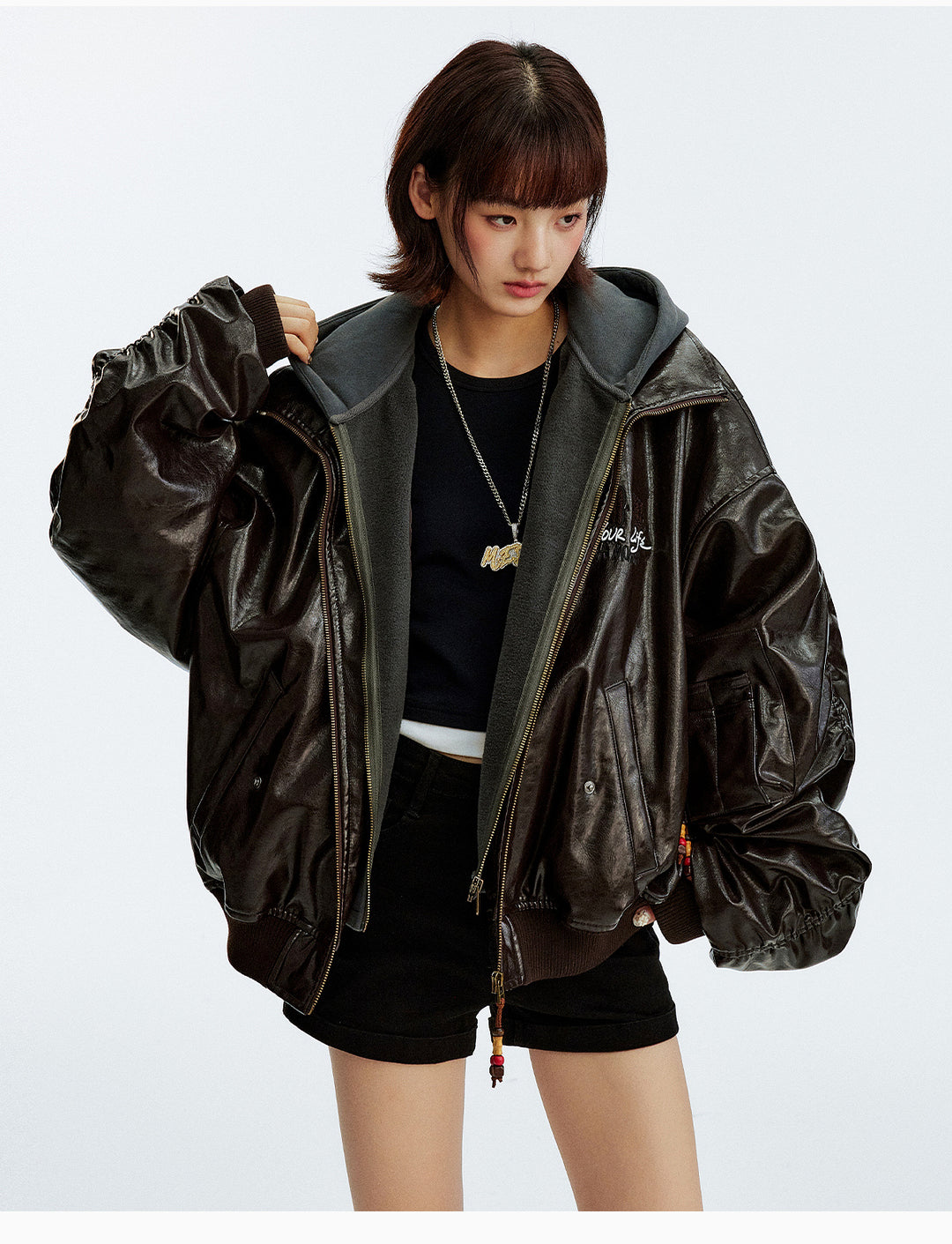 MEDM Layered Hood PU Leather Bomber Jacket | Face 3 Face