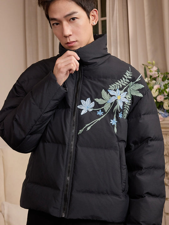 Harsh and Cruel Blue Flower Embroidery Puffer Jacket | Face 3 Face