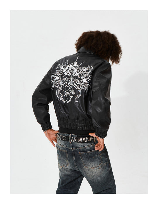 KARMANISTIC Graphic Embroidered Leather Short Bomber Jacket | Face 3 Face