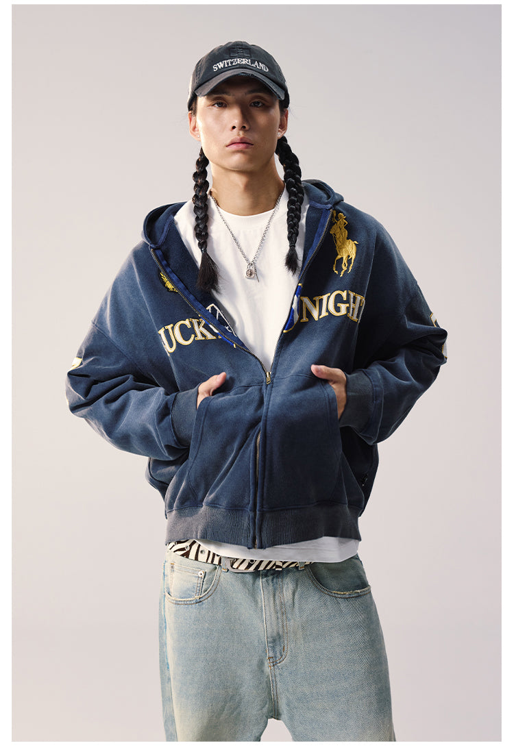 Remedy Washed Patch Embroidered Zip Up Hoodie | Face 3 Face
