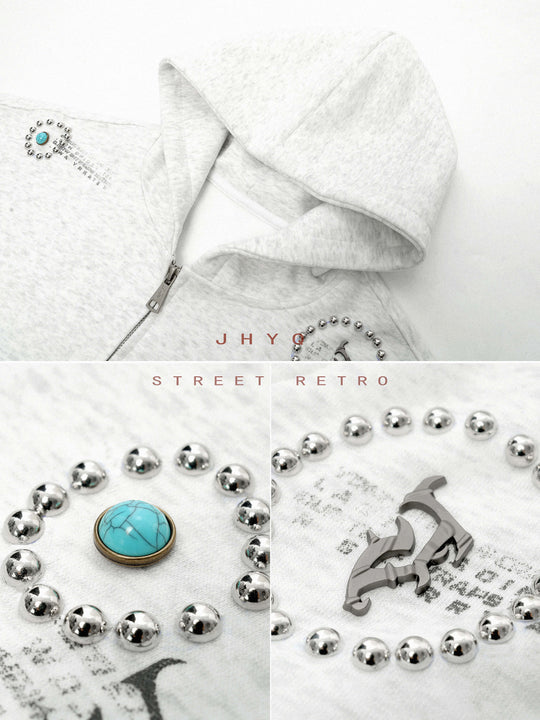 JHYQ Rhinestone Thorn Print Double Zipper Hoodie | Face 3 Face