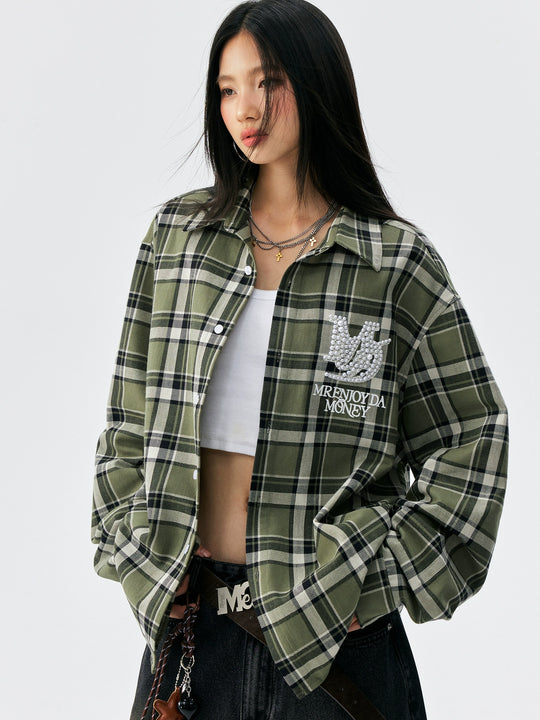 MEDM Green Pearl Embroidery Plaid Long Sleeve Shirt | Face 3 Face