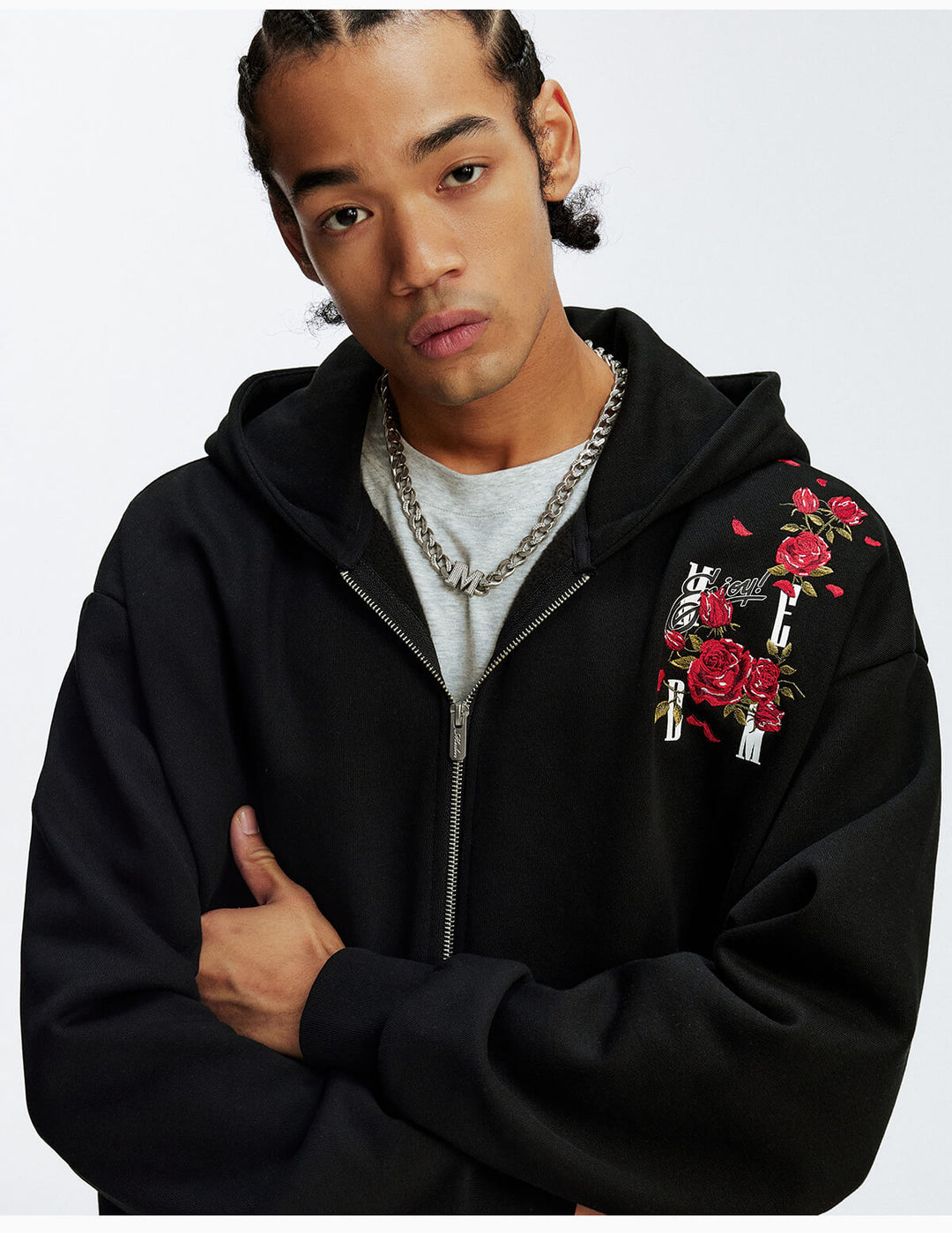 MEDM Rose Embroidered Zip Up Hoodie | Face 3 Face