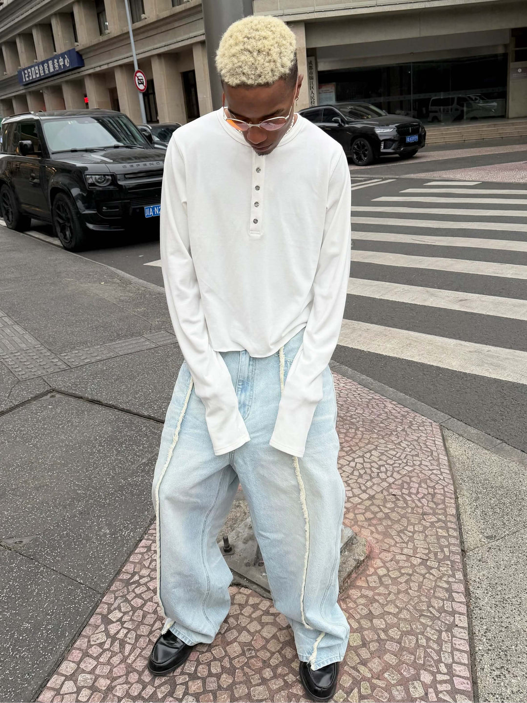 STEEPC Ice Blue Washed Frayed Center Seam Baggy Jeans | Face 3 Face