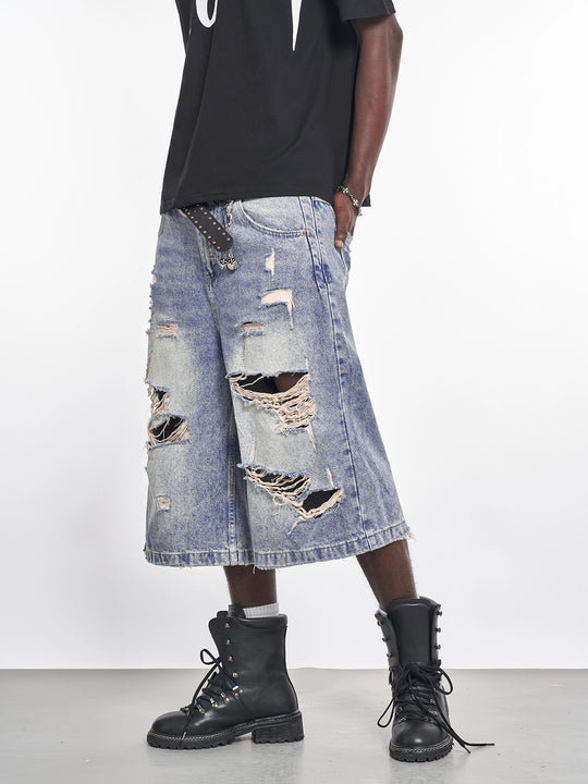 F3F Select Light Blue Destroyed Denim Baggy Shorts | Face 3 Face