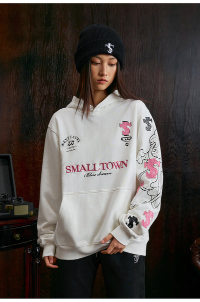 Small Town Kid Cross Print Patch Logo Leather Hoodie | Face 3 Face