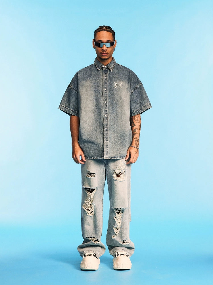 1807 Distressed Logo Washed Denim Short Sleeve Shirt | Face 3 Face