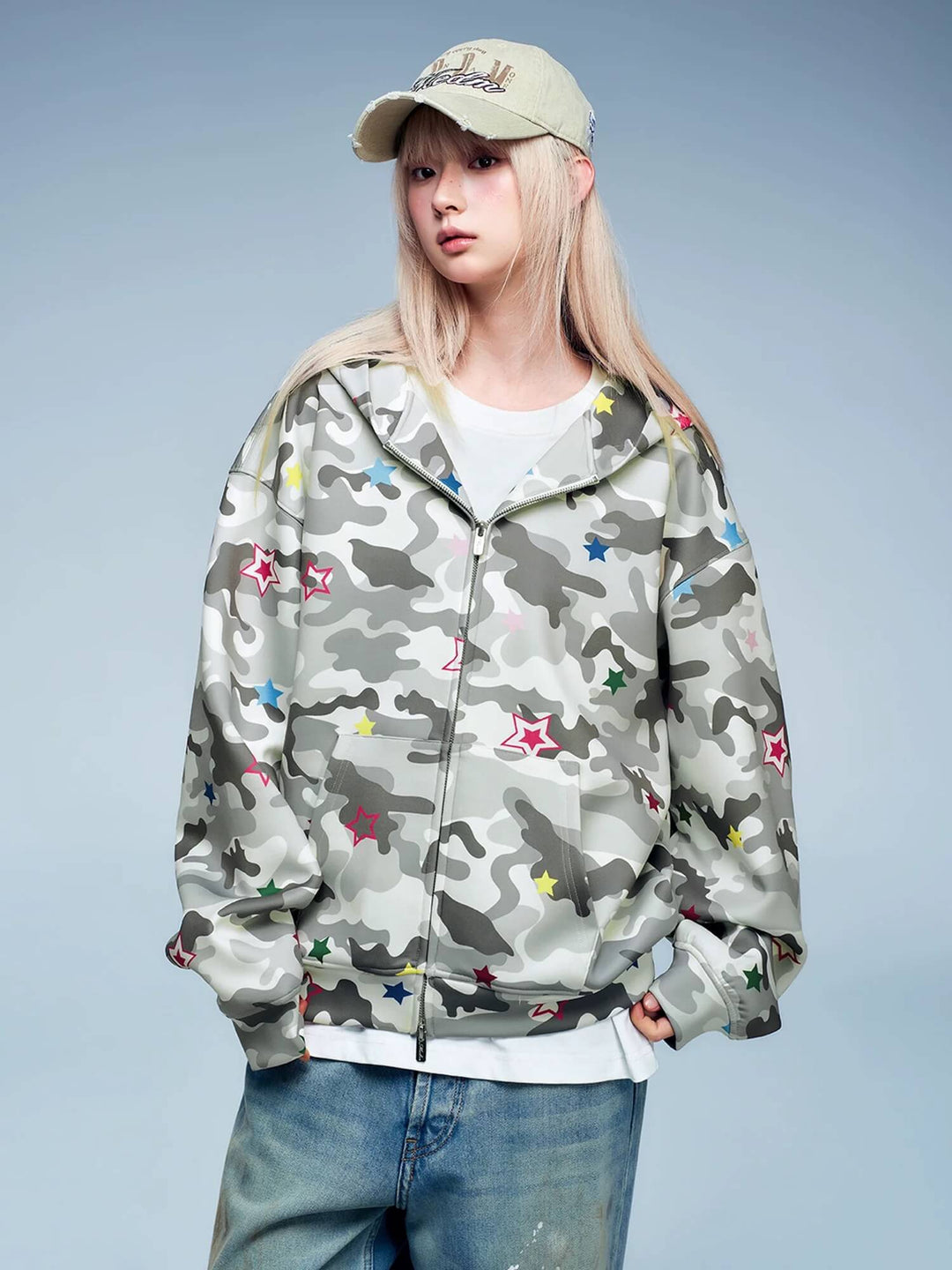 MEDM All Over Colorful Star Camouflage Zip Up Hoodie | Face 3 Face