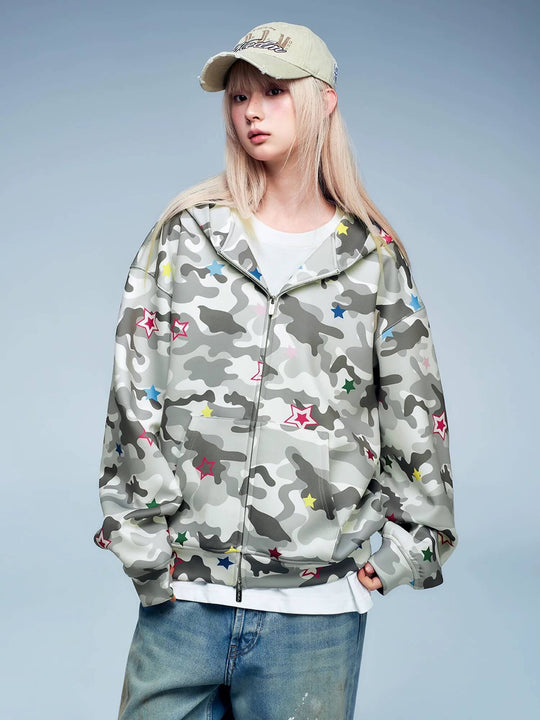 MEDM All Over Colorful Star Camouflage Zip Up Hoodie | Face 3 Face