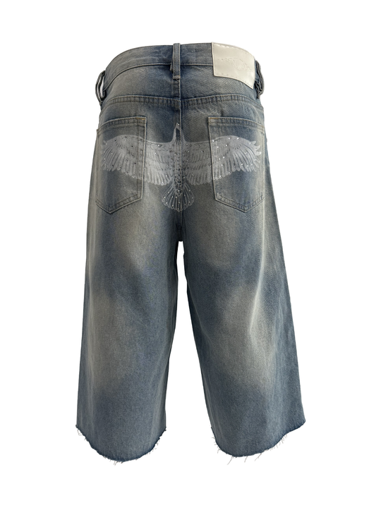 KARMANISTIC Eagle Print Washed Denim Jorts | Face 3 Face